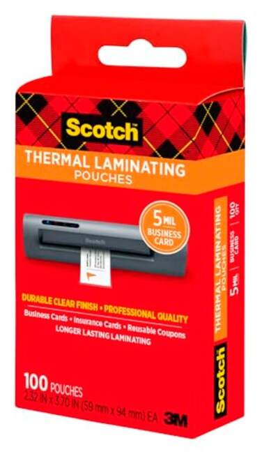 Scotch Thermal Laminating Pouches, 100 Count, Clear, 5 mil., Laminate Business Cards, Banners and Essays, Ideal Office or School Supplies, Fits Business Card (2.3 in. &times; 3.7 in.) Paper