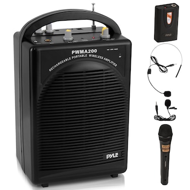 Pyle Portable PA Speaker &amp; Microphone System - FM Stereo Radio, Built-in Rechargeable Battery, Aux &amp; Microphone Inputs, Includes Beltpack, Hand-held Headset &amp; Lavalier Mics - Black