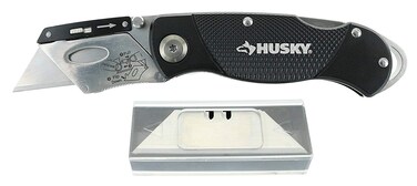 Husky 21113 Folding Sure-Grip Lock Back Utility Knife w/ 10 Disposable Blades Included (Colors Vary)