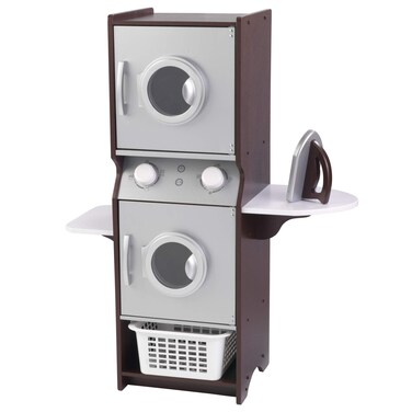 KidKraft Laundry Playset Children's Pretend Wooden Stacking Washer and Dryer Toy with Iron and Basket, Espresso, Gift for Ages 3+