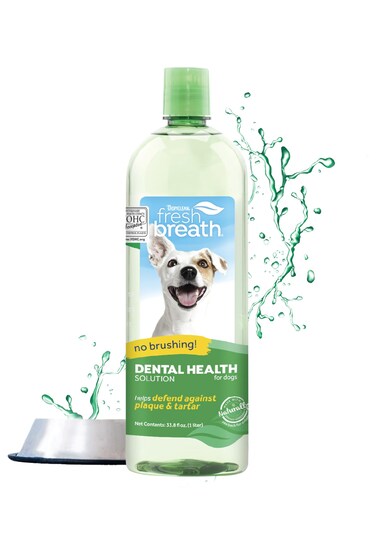 TropiClean Fresh Breath Water Additive for Dogs   Dog Breath Freshener &amp; Teeth Cleaning Solution   No Toothpaste or Toothbrush Required   33.8 oz