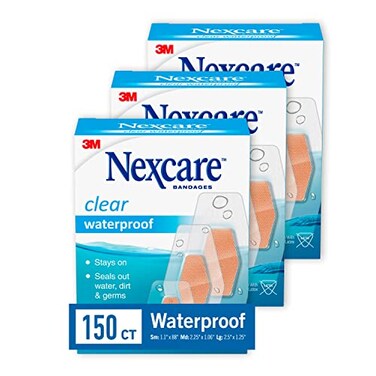 Nexcare Waterproof Bandages, Stays on in the Pool, Holds for 12 Hours, Clear Bandages for Fingers and Elbows - 50 Pack Waterproof Bandages
