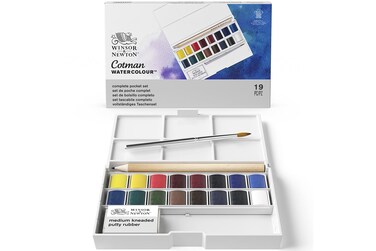 Winsor &amp; Newton Cotman Watercolor Paint Set, Complete Pocket Set, 16 Half Pan w/ Brush, Eraser, Mixing Palette
