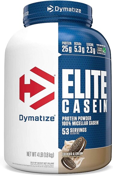 Dymatize Elite Casein Protein Powder, Slow Absorbing with Muscle Building Amino Acids, 100% Micellar Casein, 25g Protein, 5.4g BCAAs &amp; 2.3g Leucine, Helps Overnight Recovery, Cookies &amp; Cream, 4 Pound