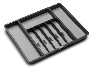 madesmart Expandable Silverware Tray, Adjustable Utensil Organizer for Drawers, Soft-Grip Lining, Non-Slip Base, Durable and Easy to Clean, Grey