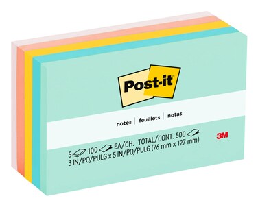 Post-it Notes, 3 in x 5 in, 5 Sticky Note Pads, 100 Sheets per Pad, Beachside Caf&eacute; Collection, School Supplies and Office Products