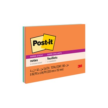 Post-it Super Sticky Lined Notes, 4 Sticky Note Pads, 8 x 6 in., School Supplies, Office Products, Sticky Notes for Vertical Surfaces, Monitors, Walls and Windows, Energy Boost Collection