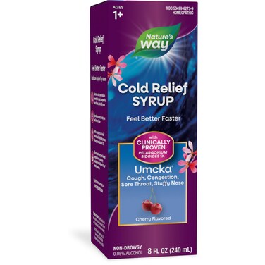 Nature's Way Cold Relief Syrup, Umcka, Shortens Duration &amp; Reduces Severity, Multi-Symptom Cold Relief, Homeopathic, Phenylephrine Free, Non-Drowsy, Cherry Flavored, 8 Fl Oz (Packaging May Vary)