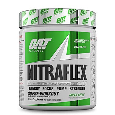 GAT SPORT Nitraflex Advanced Pre-Workout Powder, Increases Blood Flow, Boosts Strength and Energy, Improves Exercise Performance, Creatine-Free (Green Apple, 30 Servings)