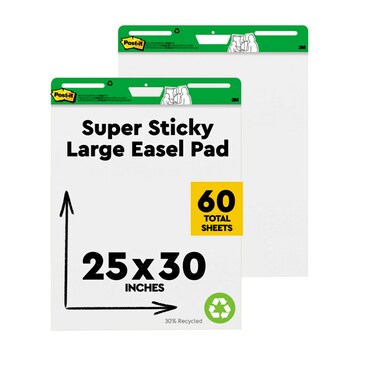 Post-it Easel Pad Made with Recycled Paper, 25 in x 30 in, White, 30 Sheets/Pad, 2 Pads/Pack, Great for Virtual Teachers and Students (559RP)