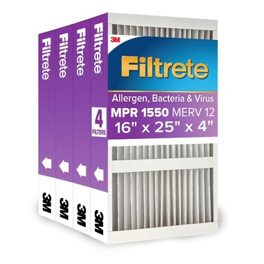 Filtrete 16x25x4 AC Furnace Air Filter, MPR 1550, MERV 12, Fits Lennox &amp; Honeywell, Allergen, Bacteria &amp; Virus, Electrostatic Air Cleaning Filter, 4-Pack (actual size 15.88 x 24.56 x 4.31)