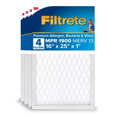 Filtrete 16x25x1 AC Furnace Air Filter, MERV 13, MPR 1900, Premium Allergen, Bacteria &amp; Virus Filter, 3-Month Pleated 1-Inch Electrostatic Air Cleaning Filter, 4-Pack (Actual Size 15.69x24.69x0.78 in)