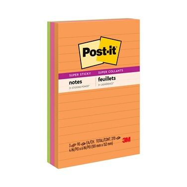 Post-it Super Sticky Lined Notes, 3 Sticky Note Pads, 4 x 6 in., Ideal for Organization in Your Dorm, Home or Office, Energy Boost Collection
