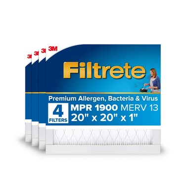 Filtrete 20x20x1 AC Furnace Air Filter, MERV 13, MPR 1900, Premium Allergen, Bacteria &amp; Virus Filter, 3-Month Pleated 1-Inch Electrostatic Air Cleaning Filter, 4-Pack (Actual Size 19.69x19.69x0.78 in)