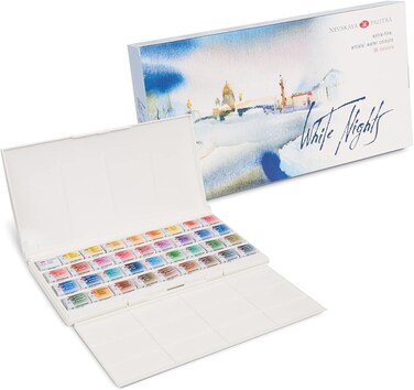 White Nights Professional Watercolor Set 36 Full Pans of Extra Fine Artist Grade Pigments, Vibrant Lightfast Colors in Durable Plastic Box by Nevskaya Palitra