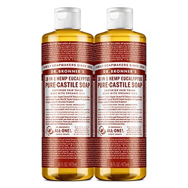 Dr. Bronner's - Pure-Castile Liquid Soap (Eucalyptus, 16 ounce, 2-Pack) - Made with Organic Oils, 18-in-1 Uses: Face, Body, Hair, Laundry, Pets and Dishes, Concentrated, Vegan, Non-GMO