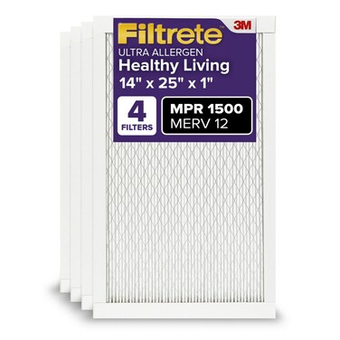 Filtrete 14x25x1 AC Furnace Air Filter, MERV 12, MPR 1500, CERTIFIED asthma &amp; allergy friendly, 3 Month Pleated 1-Inch Electrostatic Air Cleaning Filter, 4-Pack (Actual Size 13.81x24.81x0.78 in)
