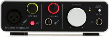 Focusrite iTrack Solo Audio Interface for Mac, PC, and iPad &ndash; USB Audio Interface for Recording, Streaming, and Podcasting with XLR, Line-in, and Professional Software included