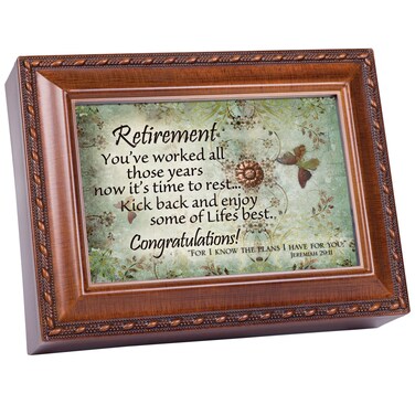 Cottage Garden Retirement Woodgrain Rope Trim Music Box Plays Amazing Grace