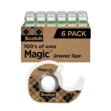 Scotch Magic Greener Tape, 6 Rolls, Numerous Applications, Invisible Tape, Engineered for Repairing, 3/4 in. x 600 in., 6 Dispensers (6123)