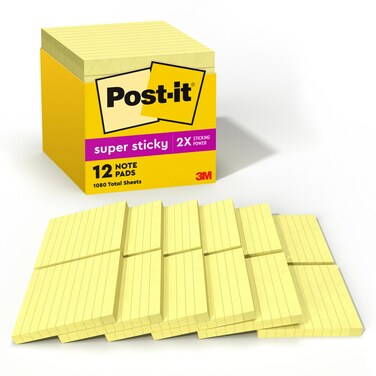 Post-it Super Sticky Notes, 4x4 in, 12 Pads, 2X The Sticking Power, Canary Yellow, Recyclable (675-12SSCP)