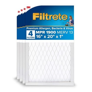 Filtrete 16x20x1 AC Furnace Air Filter, MERV 13, MPR 1900, Premium Allergen, Bacteria &amp; Virus Filter, 3-Month Pleated 1-Inch Electrostatic Air Cleaning Filter, 4-Pack (Actual Size 15.69x19.69x0.78 in)