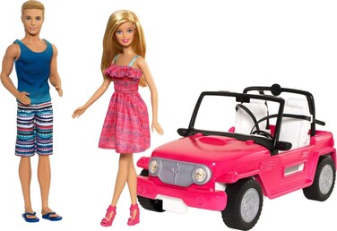 Barbie Beach Cruiser Vehicle with Barbie &amp; Ken Fashion Dolls, Pink 2-Seater Open Toy Car (Amazon Exclusive)