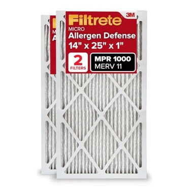 Filtrete 14x25x1 AC Furnace Air Filter, MERV 11, MPR 1000, Micro Allergen Defense, 3-Month Pleated 1-Inch Electrostatic Air Cleaning Filter, 2 Pack (Actual Size 13.781 x 24.781 x 0.84 in)