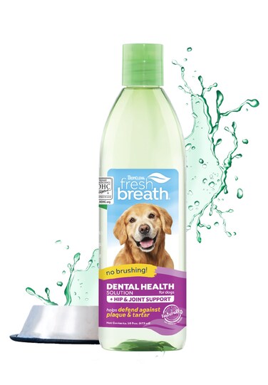 TropiClean Fresh Breath Plus Glucosamine for Hip &amp; Joint Water Additive for Dogs  Breath Freshener and Teeth Cleaning Solution   16oz