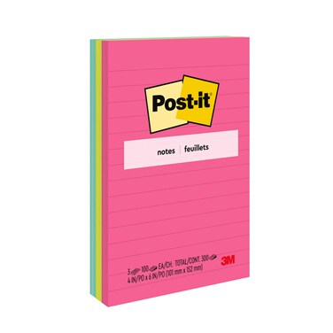 Post-it Notes, 4x6 in, 3 Pads, Poptimistic Collection, Bright Colors (Magenta, Pink, Blue, Green) (660-3AN)
