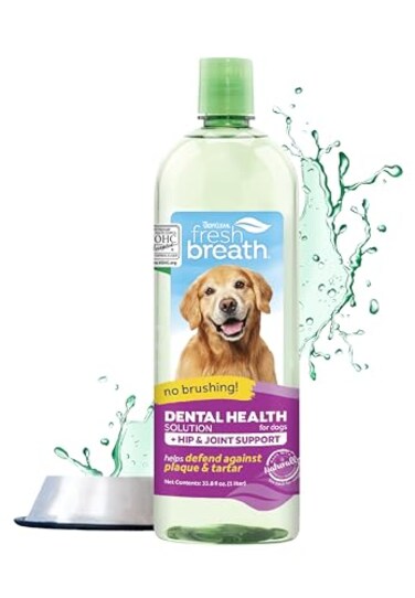 TropiClean Fresh Breath Plus Glucosamine for Hip &amp; Joint Water Additive for Dogs  Breath Freshener and Teeth Cleaning Solution   33.8oz.