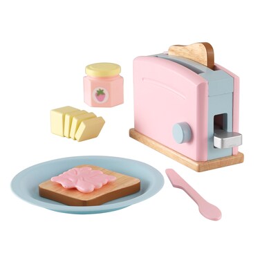 KidKraft Wooden Toaster Playset with 8 Pieces and Working Handle, Play Kitchen Toy - Pastel