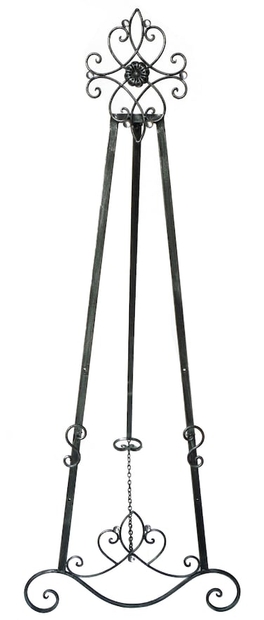 Designstyles Decorative Metal Easel Stand &ndash; Adjustable Floor Display for Art Pieces, Signs, Mirrors and Chalk/Dry Erase Boards - 61" Tall, Antique Finished Iron, Pewter &ndash; Swirl Emblem Design