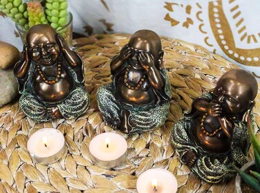 Gifts &amp; Decor Ebros Small Feng Shui Fortune Charm 3 Wise See Hear Speak No Evil Lucky Laughing Buddha Figurines 4" Tall Bodhisattva Eastern Enlightenment Hotei Mini Buddhas Sculpture Set