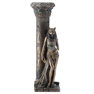 Veronese Design 10 3/4 Inch Egyptian Goddess Bastet Leaning On Pillar Cold Cast Resin Antique Bronze Finish Statue Tealight Candle Holder