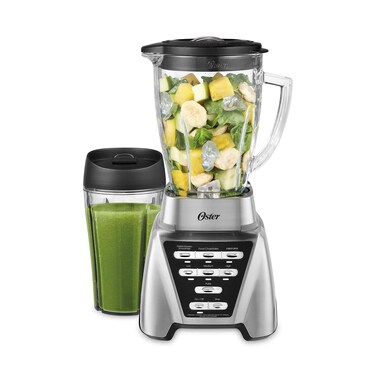 Oster Blender   Pro 1200 with Glass Jar, 24-Ounce Smoothie Cup, Brushed Nickel, Smart Settings Technology, 7 Speeds, Dual Direction Blade, 1200 Watts Power