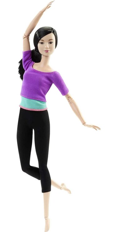 Barbie Made to Move Fashion Doll with Black Hair Wearing Purple Color-Blocked Top &amp; Yoga Leggings, Flexible with 22 Posable "Joints
