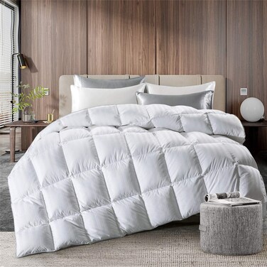 puredown&reg; Goose Feather Comforter Twin Size - All Season Duvet Insert, Ultra Soft Stripe 100% Cotton Shell Hotel Collection Comforters, 500 Thread Count with Ties (68x90'',Stripe White)