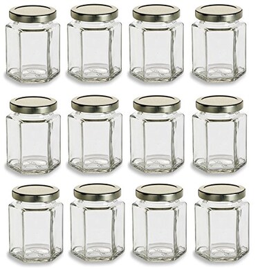 Nakpunar 12 pcs Hexagon Glass Jars with Lids (6 oz, Gold)