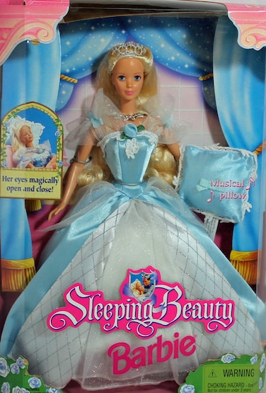 Barbie 1998 Sleeping Beauty Doll with Dress, Shoes and Musical Pillow Plus Her Eyes Magically Open and Close