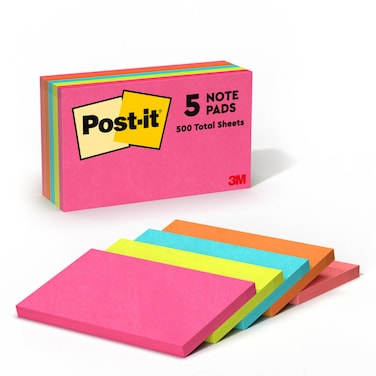 Post-it Notes, 3 in x 5 in, 5 Sticky Notes Pads, 100 Sheets per Pad, Poptimistic Collection, School Supplies and Oﬃce Products, The Original Post-it Note