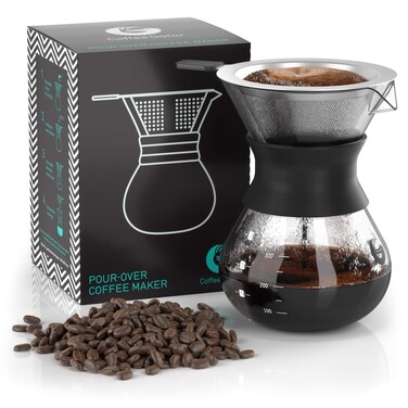 Coffee Gator Pour Over Coffee Maker - 10.5 oz Paperless, Portable, Drip Coffee Brewer Pour Over Set w/Glass Carafe &amp; Stainless-Steel Mesh Filter, 300ml Black