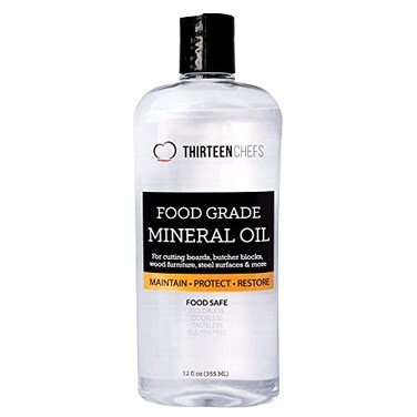 Thirteen Chefs Mineral Oil - 12oz Food Grade Conditioner for Wood Cutting Board, Countertop &amp; Butcher Block, Lubricant for Knife or Meat Grinder - Safe USP Finish on Marble, Soapstone