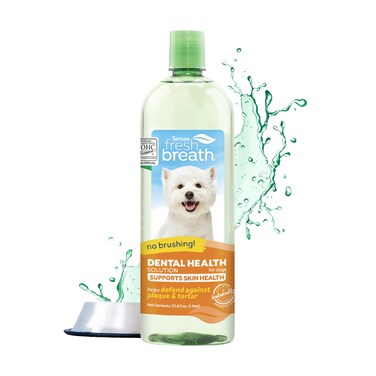 TropiClean Fresh Breath with Omega 3 &amp; 6 for Skin Health Water Additive for Dogs   Breath Freshener and Teeth Cleaning Solution   33.8oz.