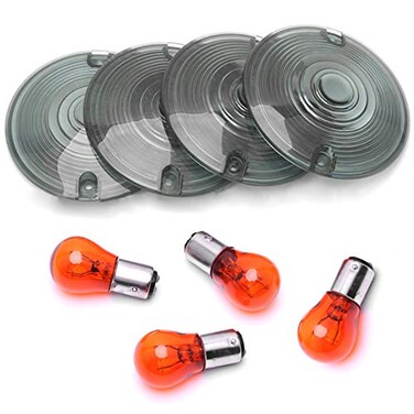 4 Pcs 3 1/4" Touring OEM Flat Black Smoked Turn Signal Lenses+Amber Bulbs for Harley Davidson Electra Glides Road King