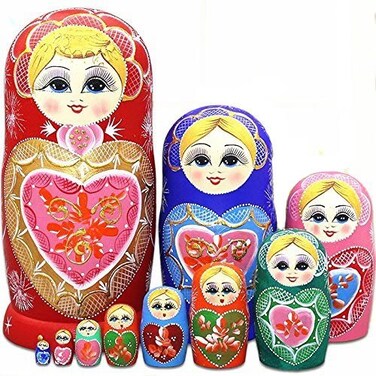 K&amp;L King&amp;Light 10pcs R Heart-Shaped Pattern Wooden Nesting Toys Russian Dolls Matryoshka Stacking Dolls