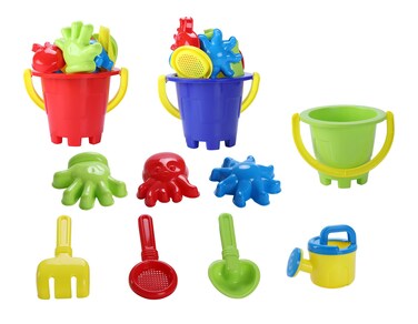 YMCtoys - Kid's Mini Beach Sandbox Tool Play Set, Watering Bucket, Hand Tools, Sand Molds (6 Piece)