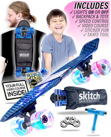 SKITCH Skateboards for Kids, Teens and Adults   Premium Skateboard Gift Set for Beginners and Pros Complete with Mini Cruiser Board + Skateboard Backpack + Video Course + Speed Control + Skate Tool