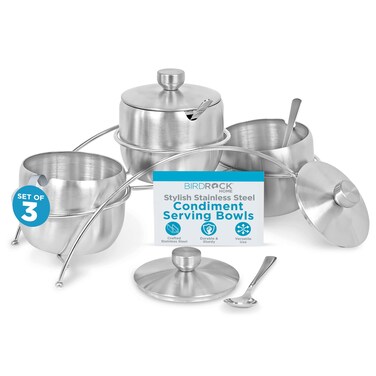 Internet's Best Condiment Serving Bowls with Lids and Spoons - Sauce and Dip Containers with Holder - Perfect for Spices, Dipping Sauces, &amp; Condiments - Catering &amp; Hosting - Stainless Steel, Set of 3
