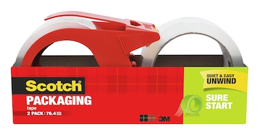 Scotch Sure Start Packing Tape, Clear, Holiday Wrapping Tape with Quiet Unwind and Easy Start, 1.88 in. x 38.2 yd., 2 Tape Rolls and 1 Dispenser